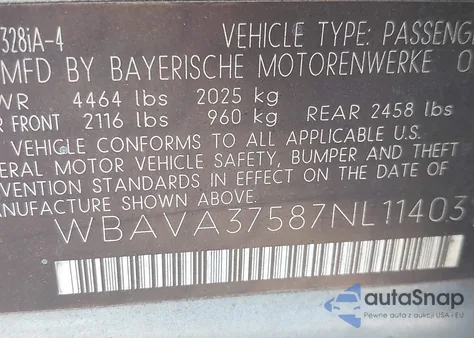 2007 BMW 328I from USA, damaged, VIN WBAVA37587NL11403